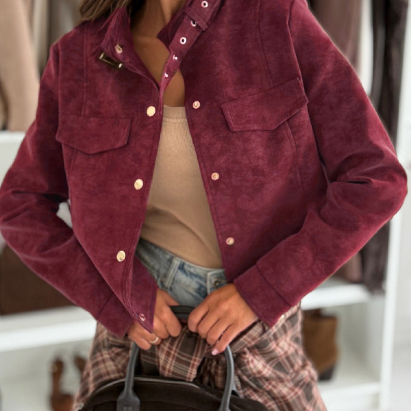 Women'S Elegant Short Jacket with Reindeer Fur Collar & Full-Zip Closure - Solid Color Winter Coat, Golden-Tone Button-like Pockets, Regular Fit Warm Outerwear for Fall/Winter, Casual to Semi-Formal Outfits (Brown Shown, Othe