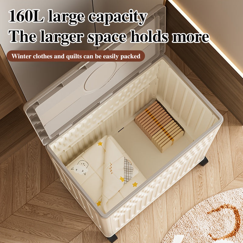 Large 160L/5631oz Heavy-Duty White & Brown Flip-Top Storage Box with Lid Lock, Heavy-Grip Hinges & 4-Wheel Mobility - Foldable Plastic Organizer for Clothes, Bedding, Toys, Luggage - Space-Saving Multi-Purpose Container Bin,
