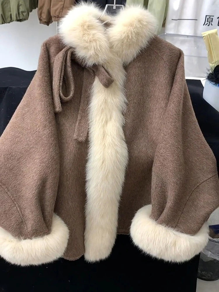 Women Bow Woolen Coats Thick Warm Long Sleeve Fur Collar Patchwork Casual Outwear Preppy Sweet Simple Office Lady Female Tops