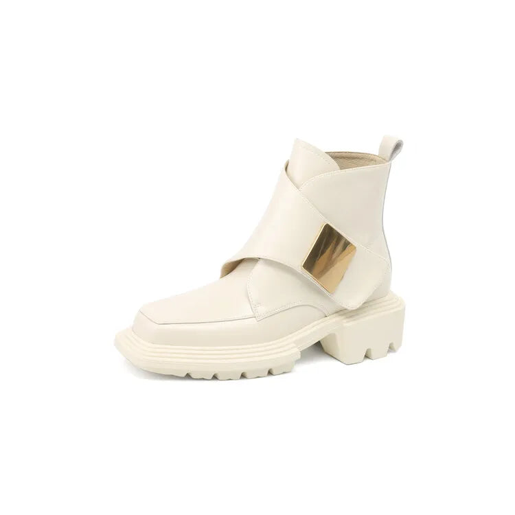 New Winter Split Leather Women Boots Square Toe Chunky Heel Platform Boots for Women High Heels Short Boots Concise Ladies Shoes