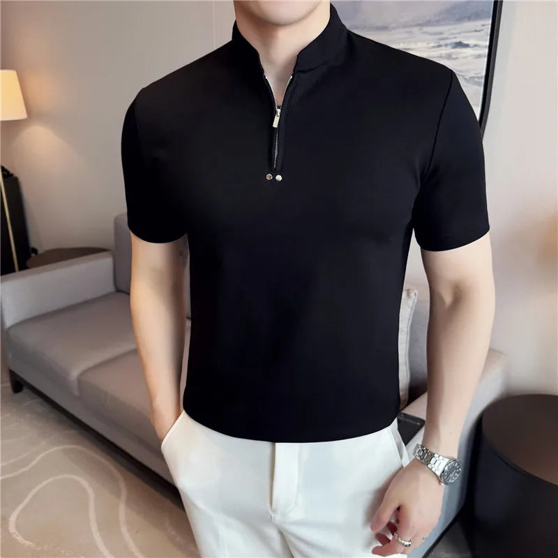 Summer Short Sleeved Polo Shirt Solid Casual Slim fit T-shirt Stand Up Collar Cotton Tee Streetwear Trendy Fashion Men Clothing