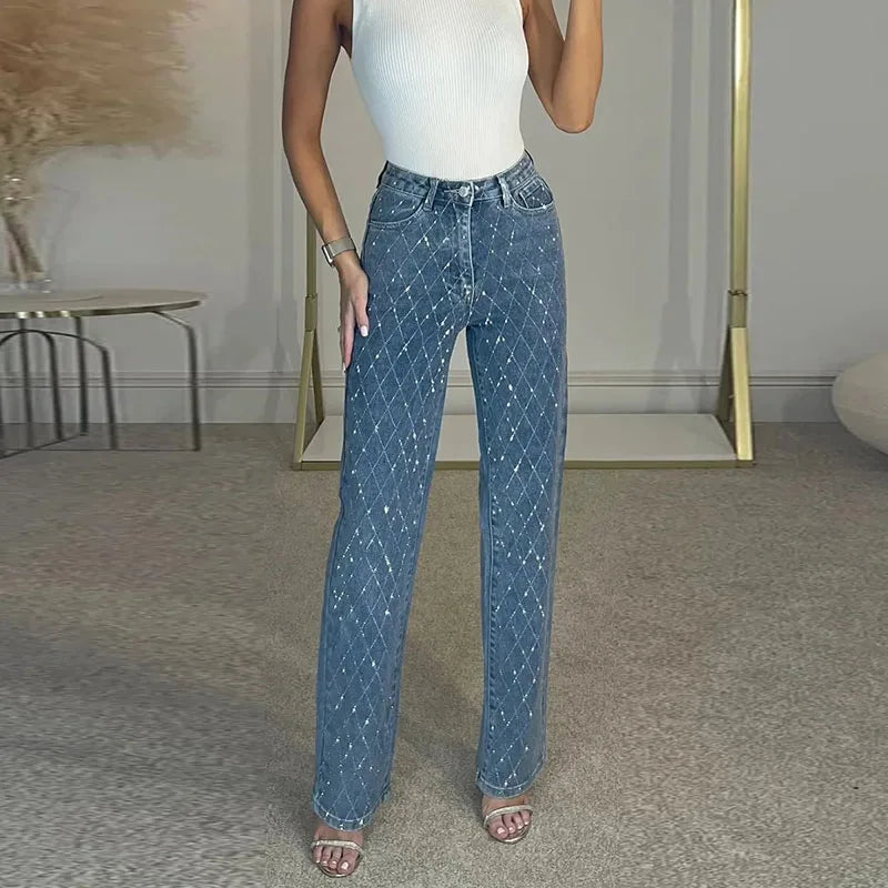 Fashion Full Pearl High Street Woman Jeans Crossed Waist Denim All Match Straight Trousers New Rough Selvedge Sweet Girls Pants