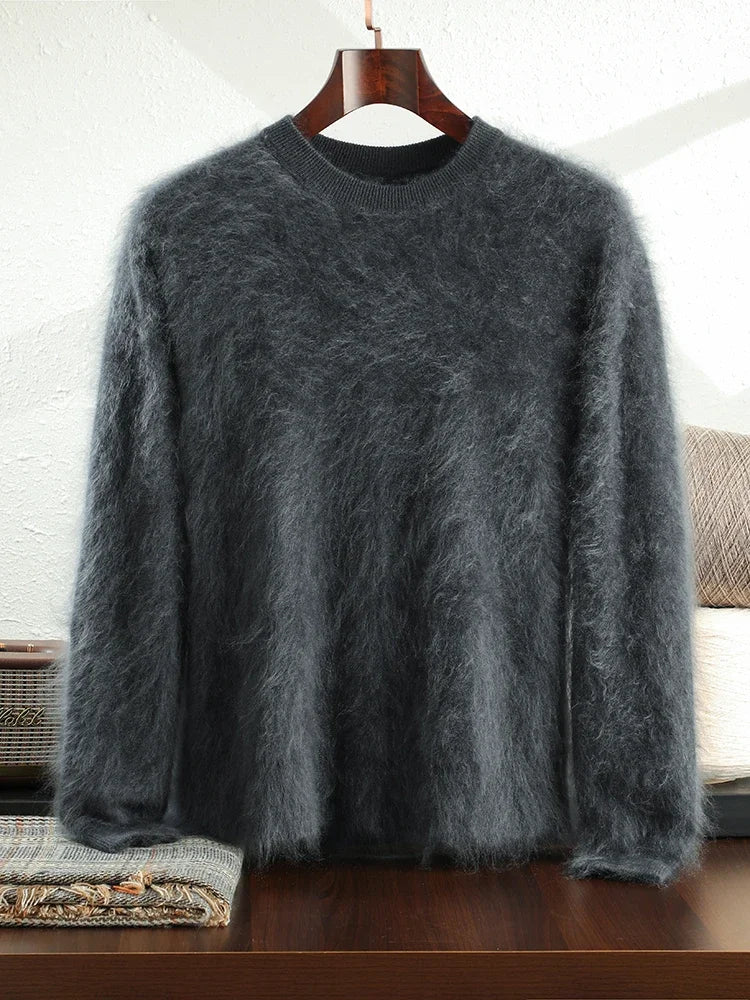 Men's 100% Plush Cashmere Sweaters O-neck Basic Pullovers Long Fluff Pure Brushing Cashmere Jumpers 2024 New Autumn Winter