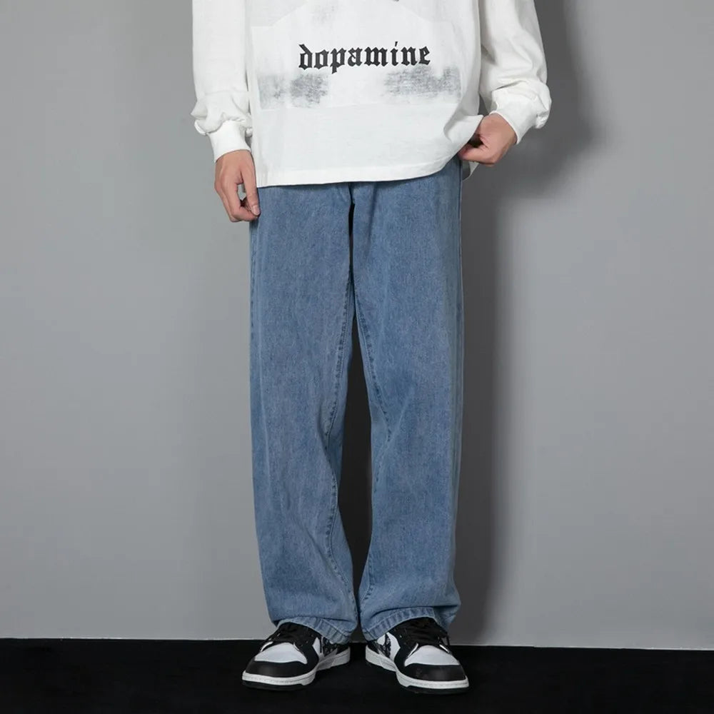 Solid Colors Men's Casual Long Jeans Classic Man Four Seasons Straight Denim Wide-leg Pants Light Blue Grey Black