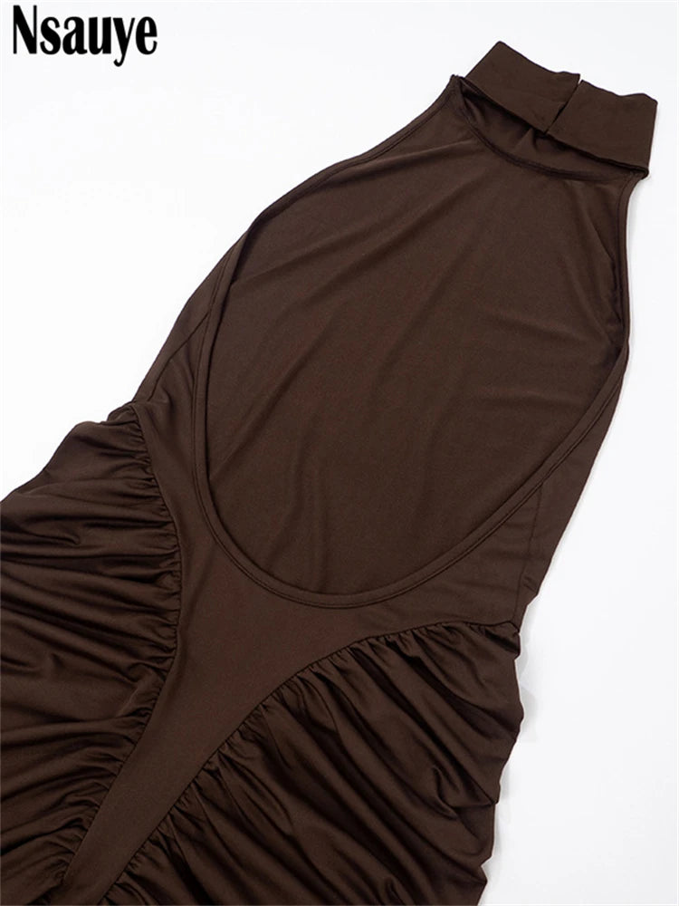 Nsauye Pullover Halter Women Sexy Ruched Long High Waisted Night Club Dress Evening Party 2025 Summer Elegant Backless Dresses