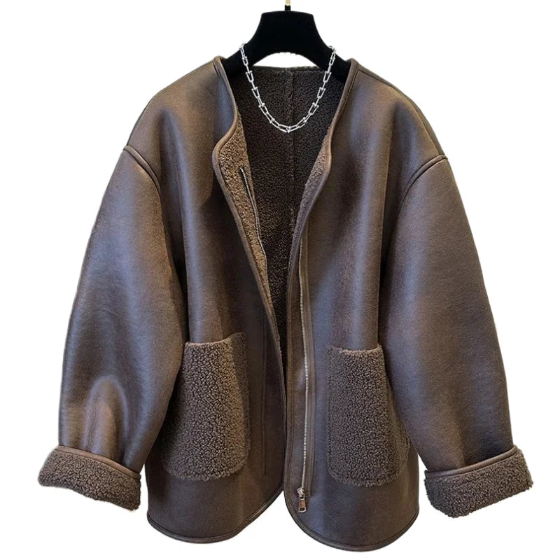 Women's Jacket Winter Warm Thicken Retro Coat Fashion Casual Loose Vintage Women Coats Round Neck Outerwears