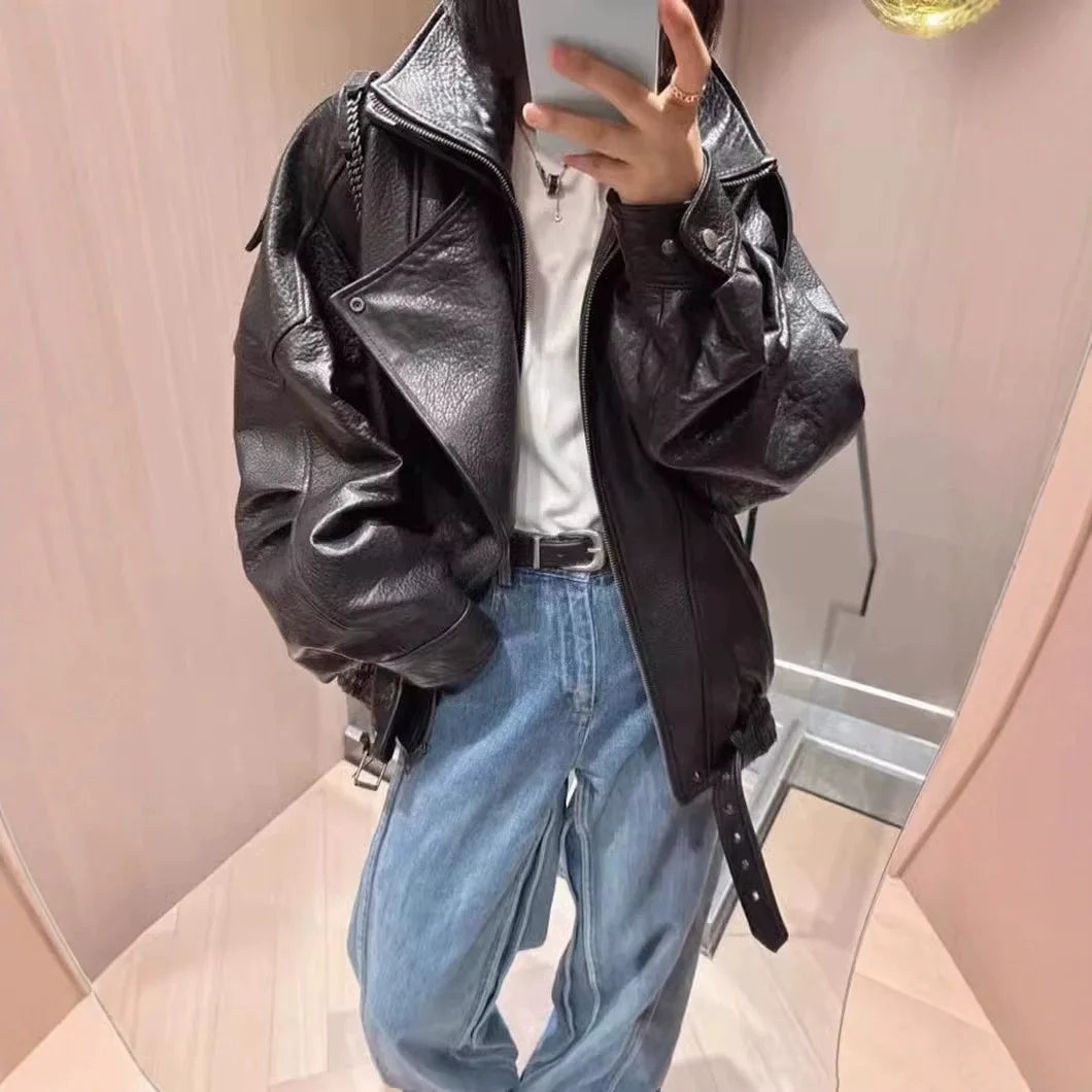 Women Jacket PU Leather Casual Short Punk Lace Up Turn Down Collar Long Sleeve Zipper Loose Y2k Street Wear British 2025 Winter