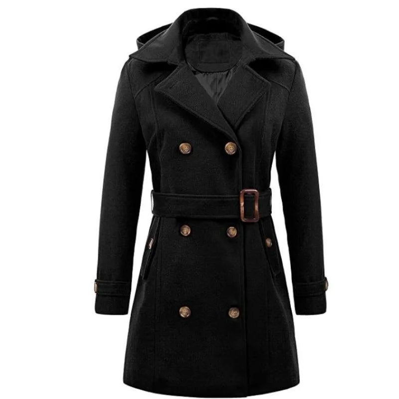 Female Hooded Woman Jackets Mid-length Double-breasted Ladies Overcoats Woolen