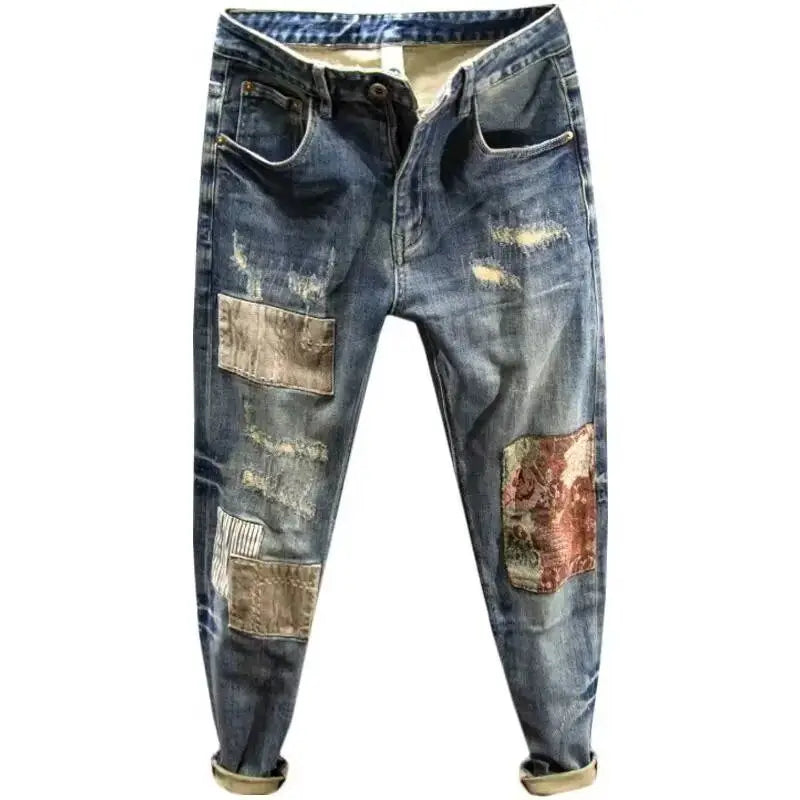 New 2025 Vintage Contrast Patch Jeans Men's Slim Casual Spring Autumn