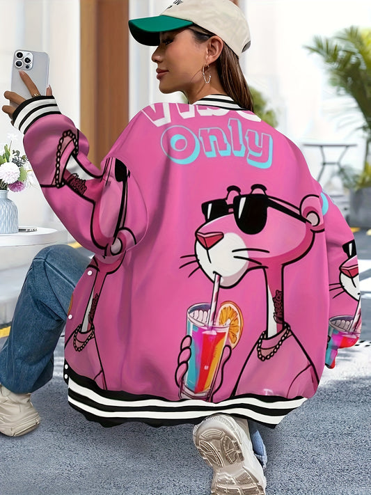 Women'S & Men'S Oversized Pink & Black Leopard Print Baseball Jacket - Bold Cartoon Graphic College Style Coat with Pockets, Warm Fall Winter Casual Outerwear for Halloween Parties & Daily Wear, Unisex Outerwear for Themed Ev