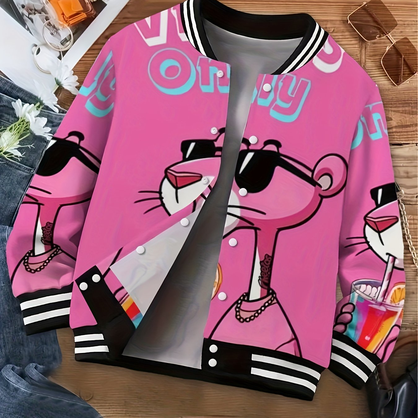 Women'S & Men'S Oversized Pink & Black Leopard Print Baseball Jacket - Bold Cartoon Graphic College Style Coat with Pockets, Warm Fall Winter Casual Outerwear for Halloween Parties & Daily Wear, Unisex Outerwear for Themed Ev