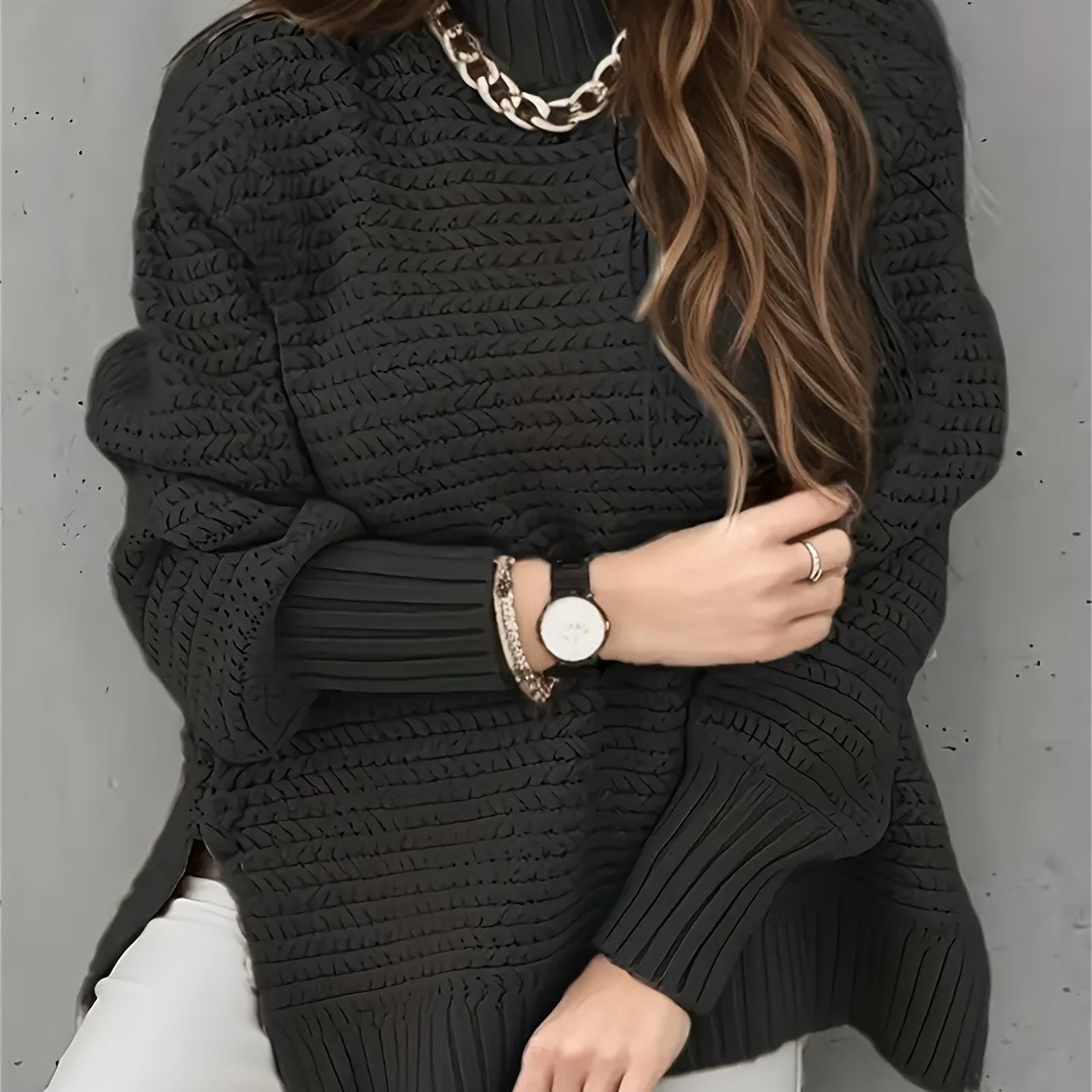 Solid Color Stand Neck Pullover Sweater, Elegant Side Split Long Sleeve Knitted Sweater For Fall & Winter, Women's Clothing