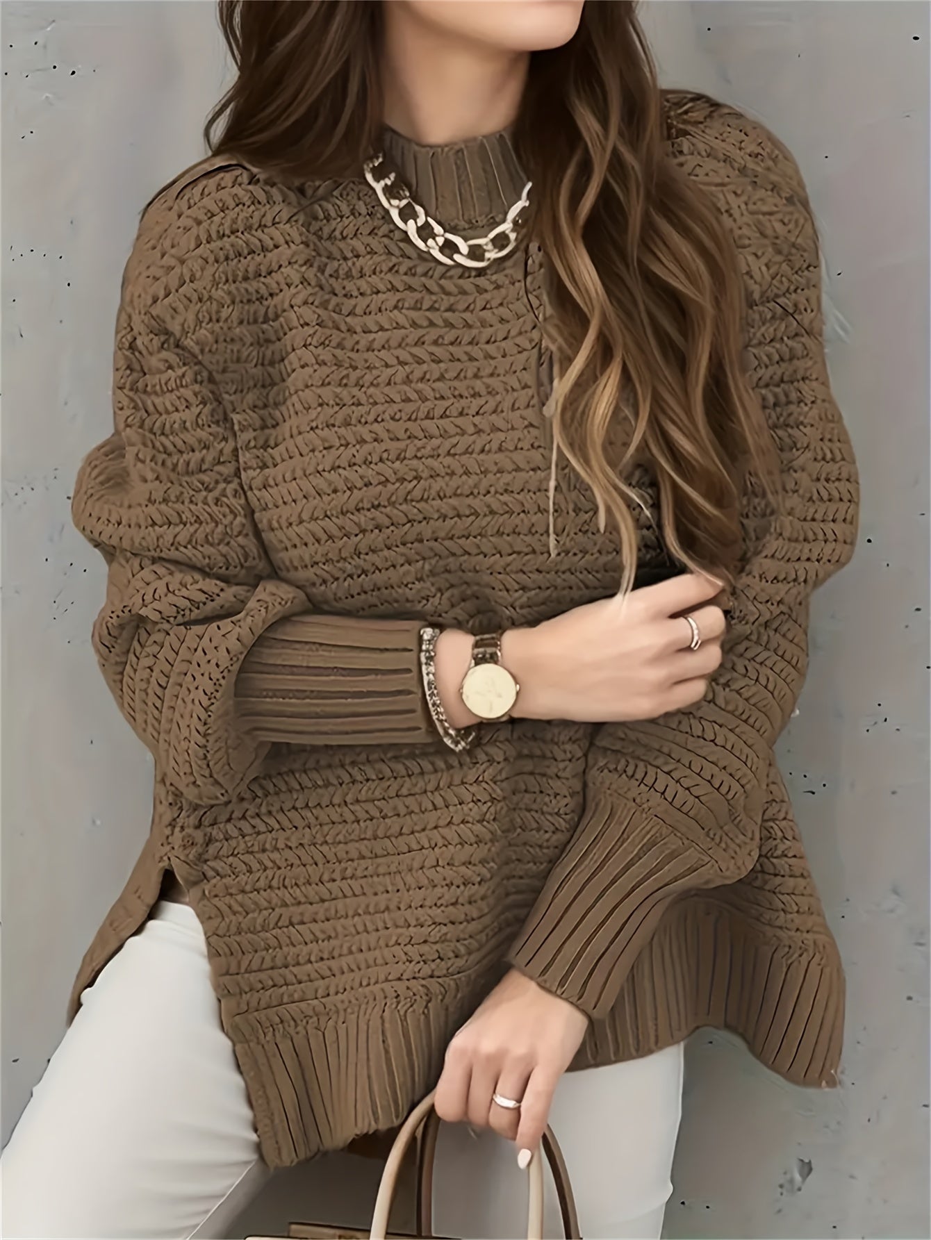 Solid Color Stand Neck Pullover Sweater, Elegant Side Split Long Sleeve Knitted Sweater For Fall & Winter, Women's Clothing
