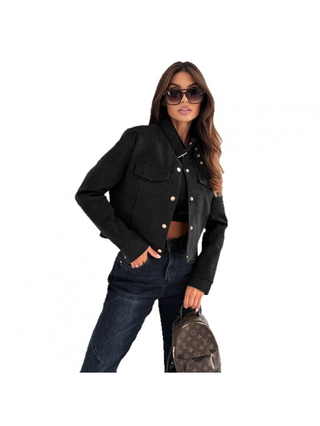 Women'S Elegant Short Jacket with Reindeer Fur Collar & Full-Zip Closure - Solid Color Winter Coat, Golden-Tone Button-like Pockets, Regular Fit Warm Outerwear for Fall/Winter, Casual to Semi-Formal Outfits (Brown Shown, Othe