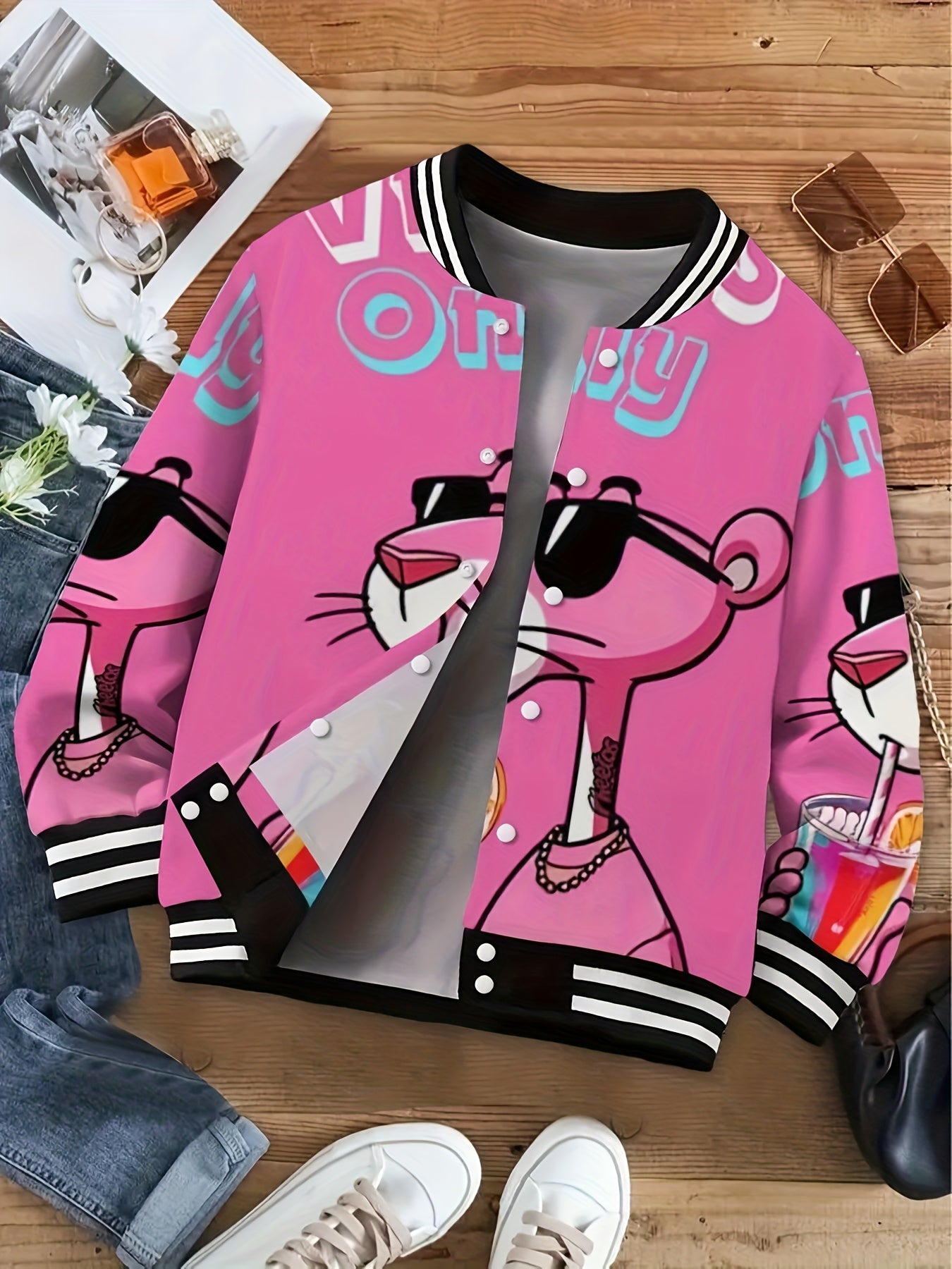 Women'S & Men'S Oversized Pink & Black Leopard Print Baseball Jacket - Bold Cartoon Graphic College Style Coat with Pockets, Warm Fall Winter Casual Outerwear for Halloween Parties & Daily Wear, Unisex Outerwear for Themed Ev