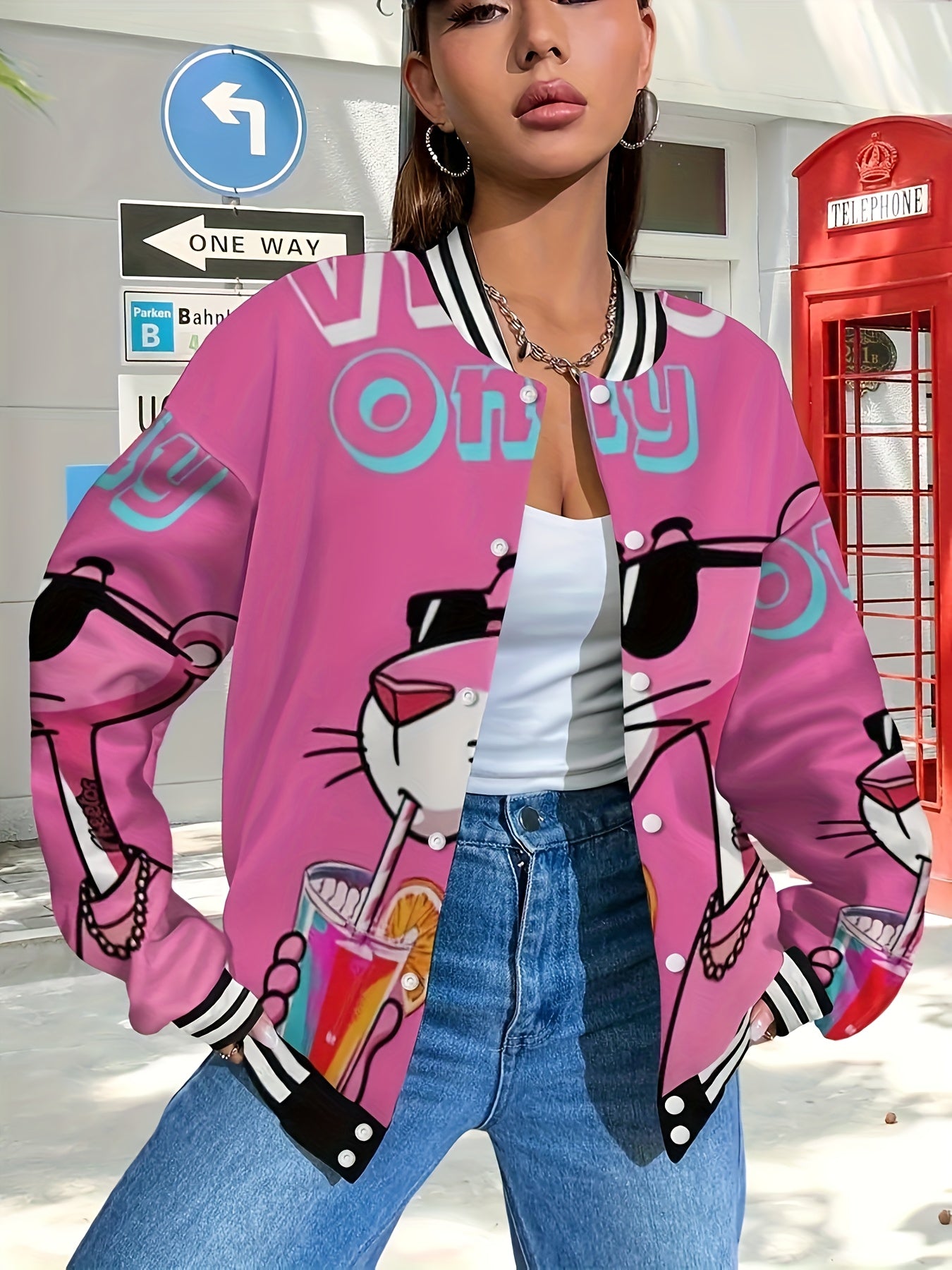Women'S & Men'S Oversized Pink & Black Leopard Print Baseball Jacket - Bold Cartoon Graphic College Style Coat with Pockets, Warm Fall Winter Casual Outerwear for Halloween Parties & Daily Wear, Unisex Outerwear for Themed Ev