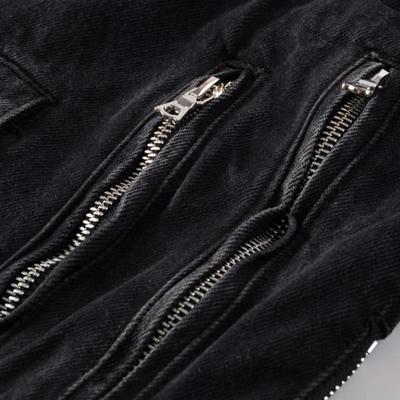 Sokotoo Men's zippers black biker jean jacket Streetwear thick denim slim coat with belt High quality