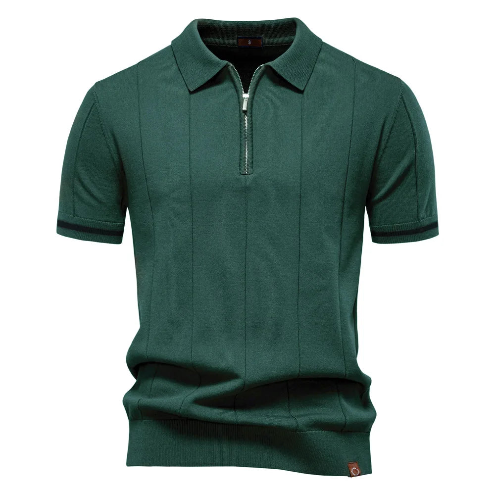 New men's business casual short-sleeved fashion trend knitted POLO shirt with lapel and half-zip pullover design.