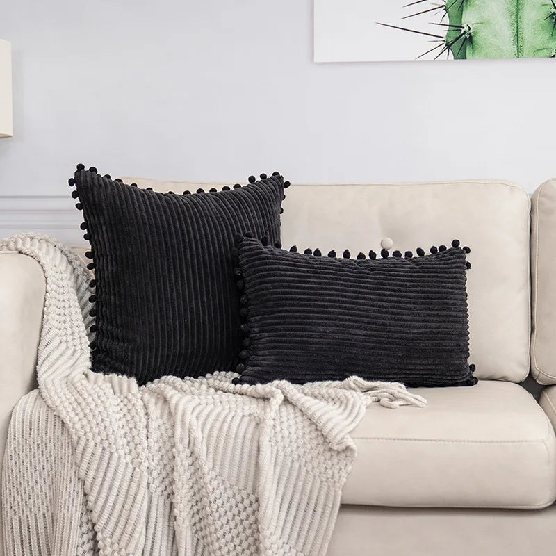 Corduroy Striped Cushion Cover with Pom Pom Solid Boho Throw Pillow Case Decorative Pillows for Sofa Bed Beige Lumbar Cushion