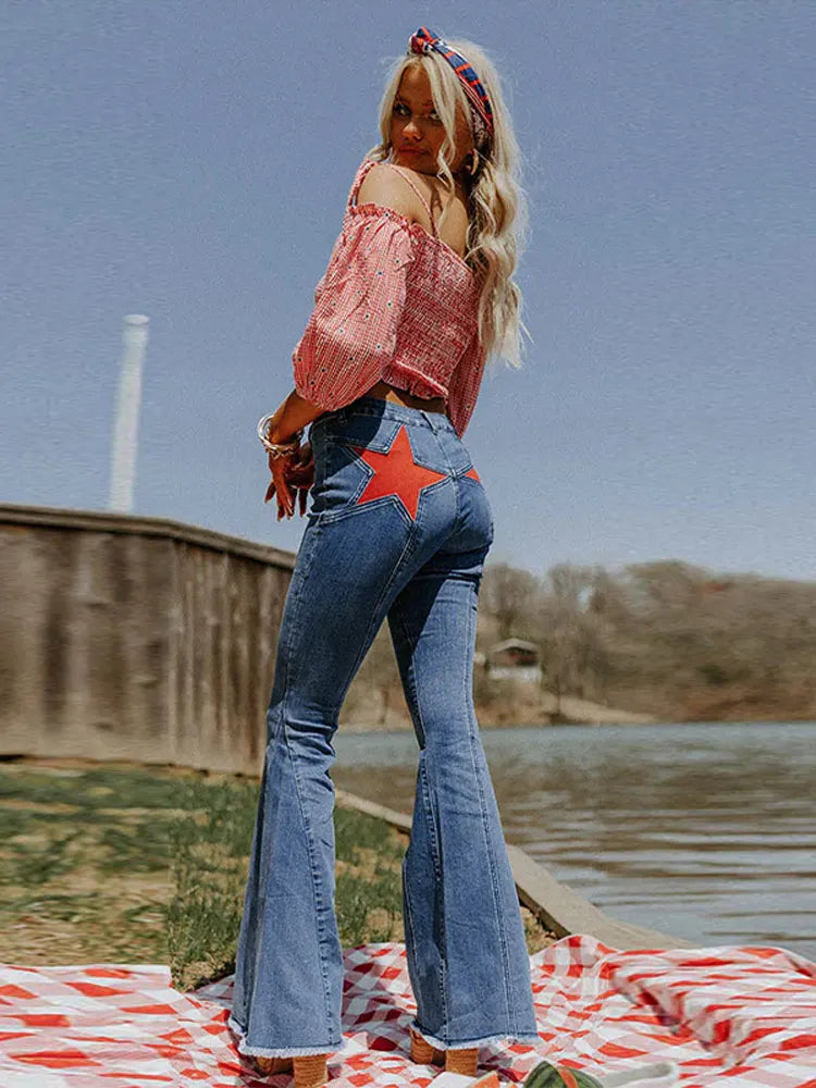 High Street Rivet Y2k Woman Long Jeans Denim Star Patchwork Low Waist Straight Pants 2025 New Fashion Casual Women's Trousers