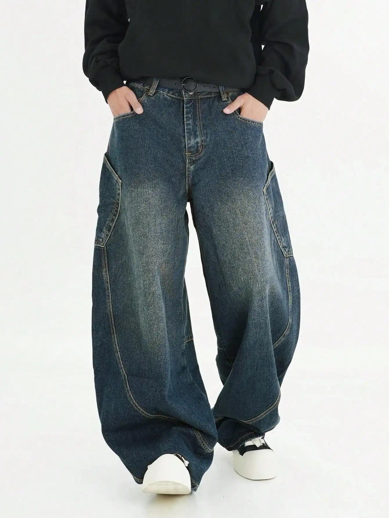 Men's Wear American Washed Denim Pants Vintage Threedimensional Large Pockets Cut Curved Knife Jeans Loose Fit Summer New Trend