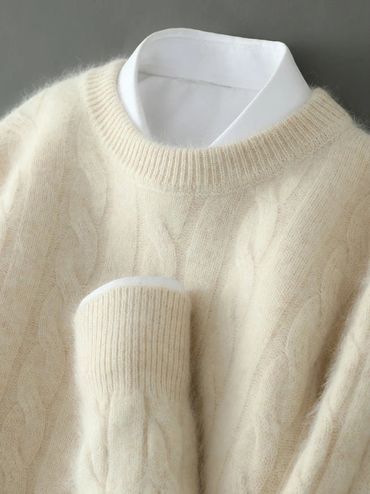 Autumn Winter 100% Mink Cashmere Cable Knit Smart Casual Pullover Cashmere Knitwear High Quality Top
