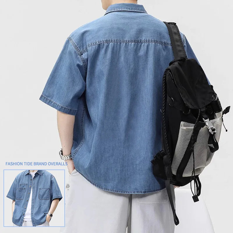 Designer Pocket Denim Shirt Men's Short Sleeve Summer Casual Shirt Jacket Oversized