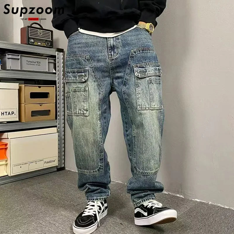Supzoom New Arrival Top Fashion Cross Vintage Autumn And Winter Casual Design Loose Straight Embroidery Denim Men Jeans