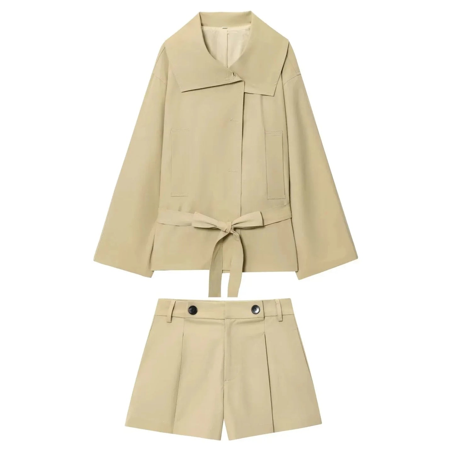 KONDALA Office Lady Khaki Suits Women Long Sleeve Sashes Button Trench Jakcets Wide Leg Button Shorts Fashion 2025 Autumn Suits