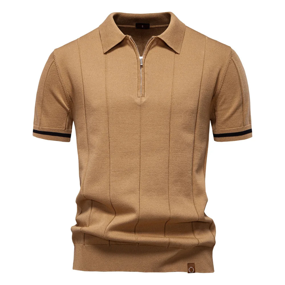 New men's business casual short-sleeved fashion trend knitted POLO shirt with lapel and half-zip pullover design.