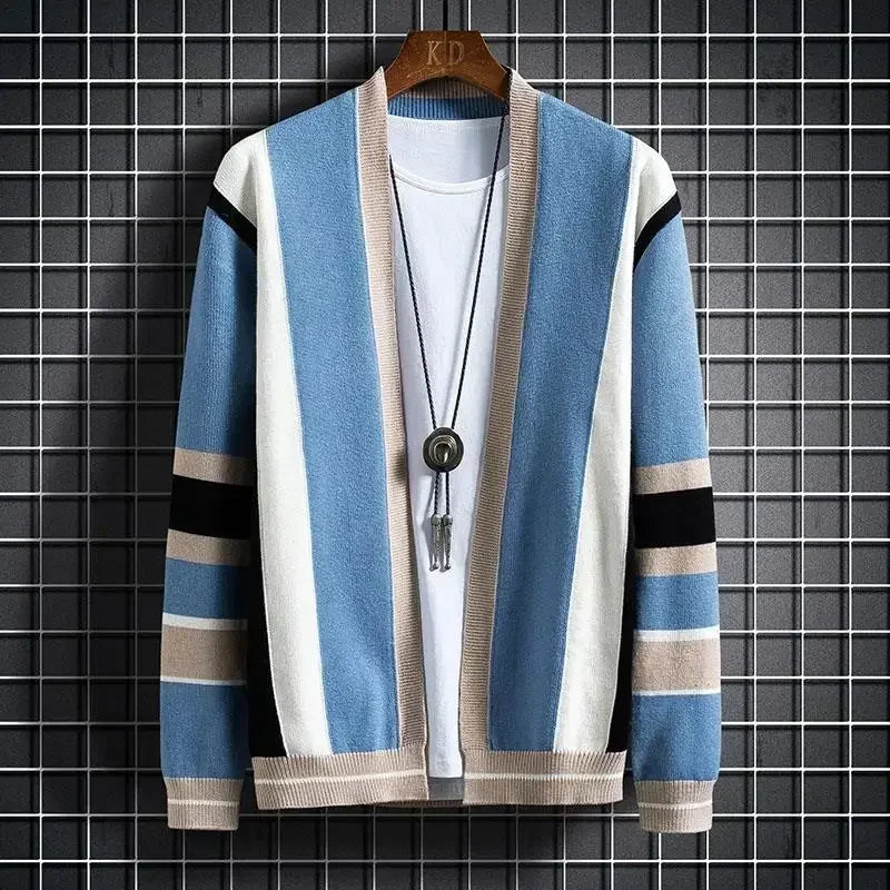 Sweaters for Men Blue Striped V Neck Man Clothes No Hoodie Cardigan Casual Cotton