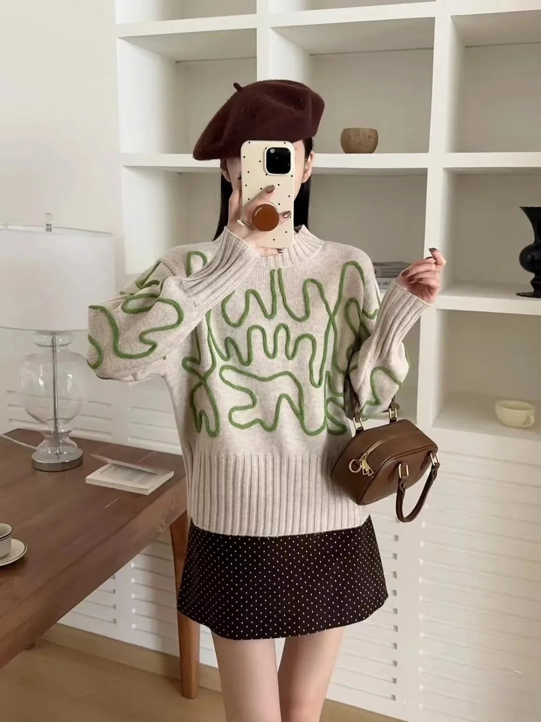 Women Wool-blend Casual Pullover Sweater Abstract 3D Embroidery Ribbed Hem Long Sleeves Jumper Trendy Knitwear 2025 Fall/Winter