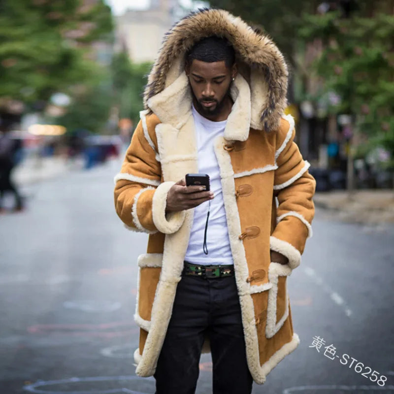 Overcoat Men Winter New Loose Long Cotton-padded Jacket Brown Fur Integrated Lamb Wool Hooded Coats Male