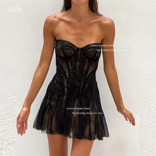 LISM Black Modern Mini Party Dresses Customised Short Lace Appliques Strapless Prom Dresses Robes De Soirée Special Occasion