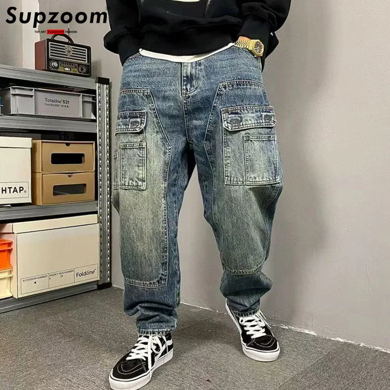 Supzoom New Arrival Top Fashion Cross Vintage Autumn And Winter Casual Design Loose Straight Embroidery Denim Men Jeans