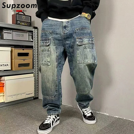 Supzoom New Arrival Top Fashion Cross Vintage Autumn And Winter Casual Design Loose Straight Embroidery Denim Men Jeans