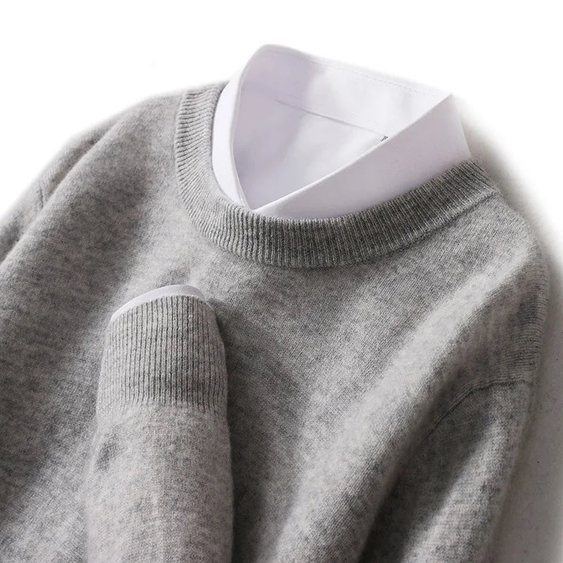 Autumn And Winter New 100% Wool Sweater Men's Round Neck Long Sleeved Pullover Sweater Loose Knit Cashmere Sweater