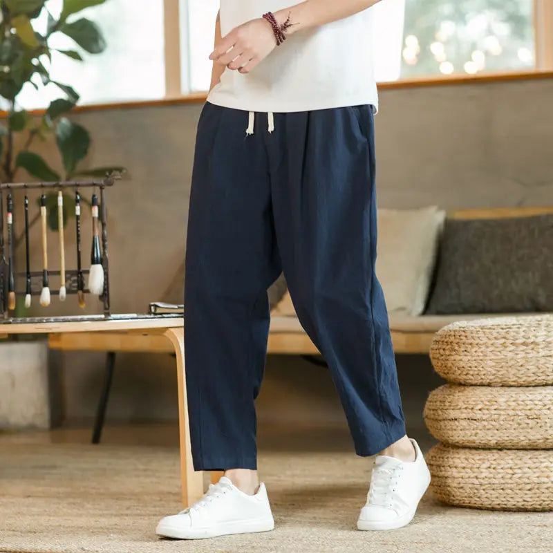 Casual Men's Spring Loose Thin Breathable Cotton Linen Straight Leg