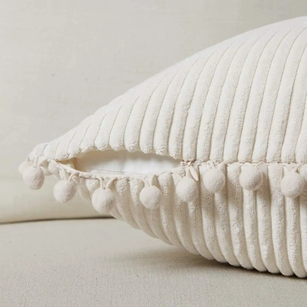 Corduroy Striped Cushion Cover with Pom Pom Solid Boho Throw Pillow Case Decorative Pillows for Sofa Bed Beige Lumbar Cushion