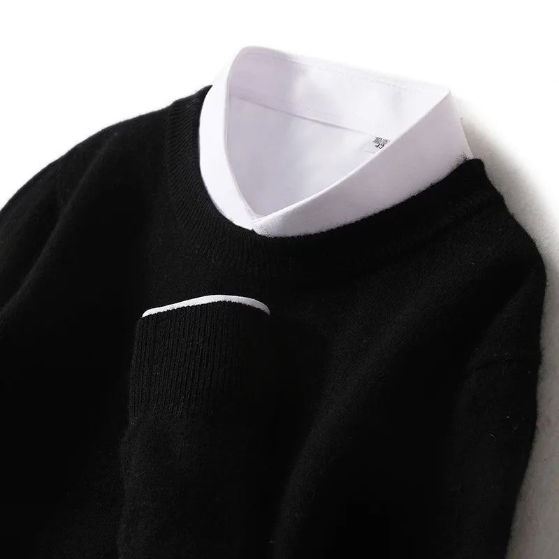Autumn And Winter New 100% Wool Sweater Men's Round Neck Long Sleeved Pullover Sweater Loose Knit Cashmere Sweater