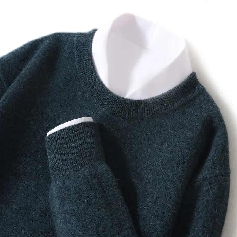 Autumn And Winter New 100% Wool Sweater Men's Round Neck Long Sleeved Pullover Sweater Loose Knit Cashmere Sweater