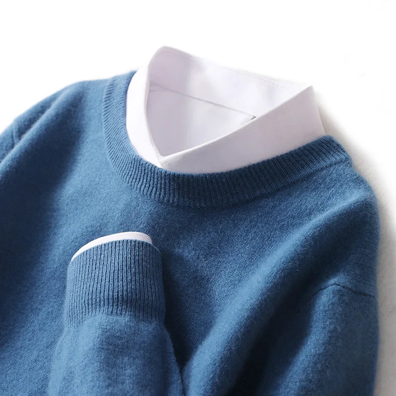 Autumn And Winter New 100% Wool Sweater Men's Round Neck Long Sleeved Pullover Sweater Loose Knit Cashmere Sweater