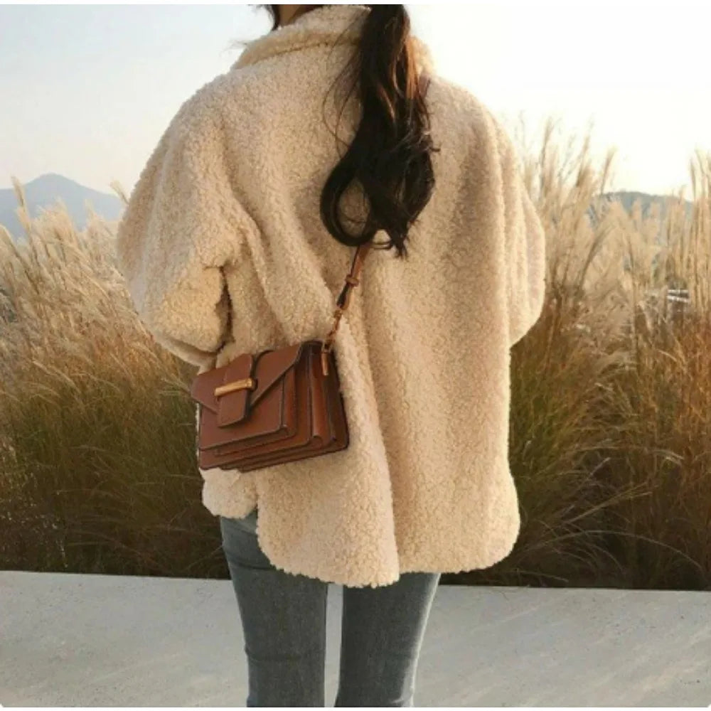 Warm Lambswool Furry Coat Women Turndown Collar Long Sleeve Loose Pockets Female Jacket 2024 Autumn Winter Fashion Lady Overcoat