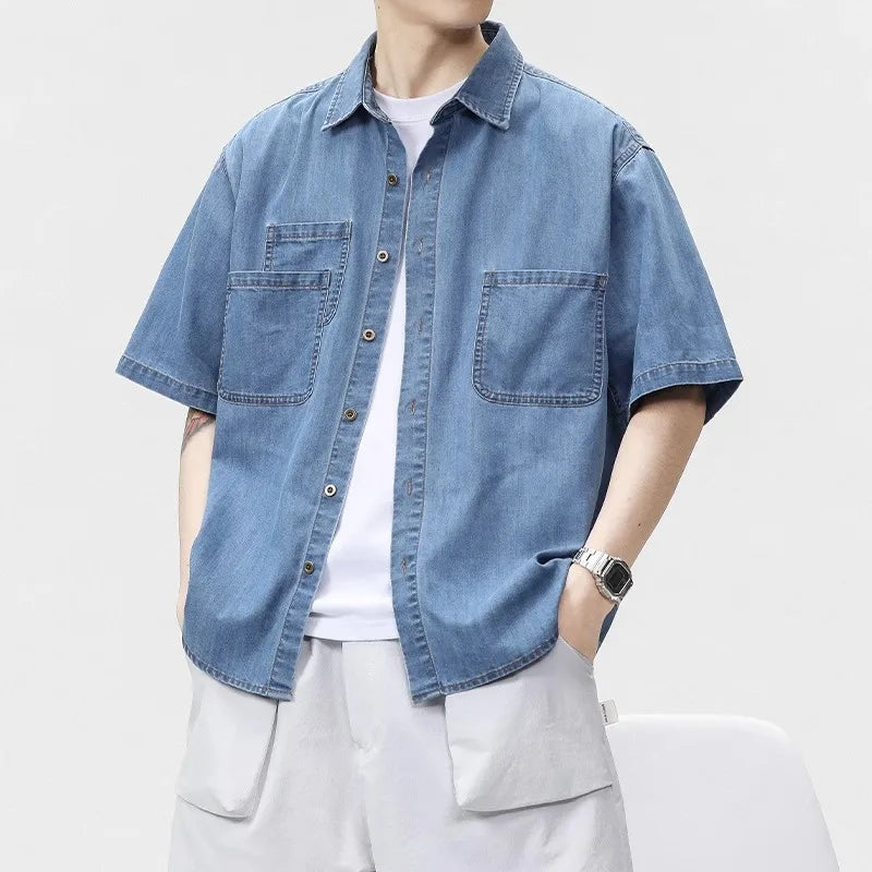 Designer Pocket Denim Shirt Men's Short Sleeve Summer Casual Shirt Jacket Oversized