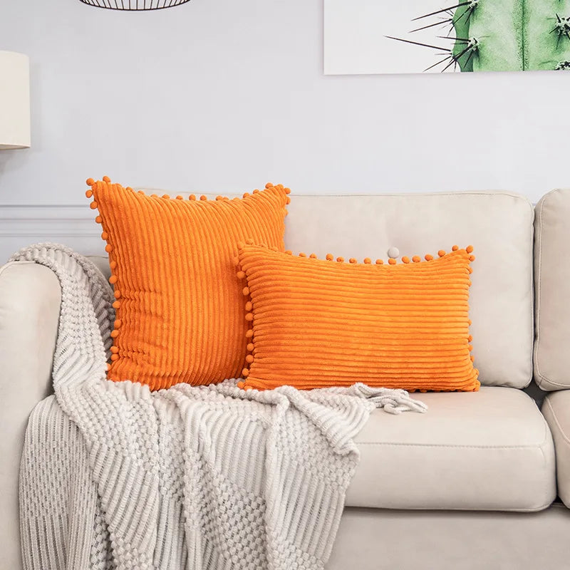 Corduroy Striped Cushion Cover with Pom Pom Solid Boho Throw Pillow Case Decorative Pillows for Sofa Bed Beige Lumbar Cushion