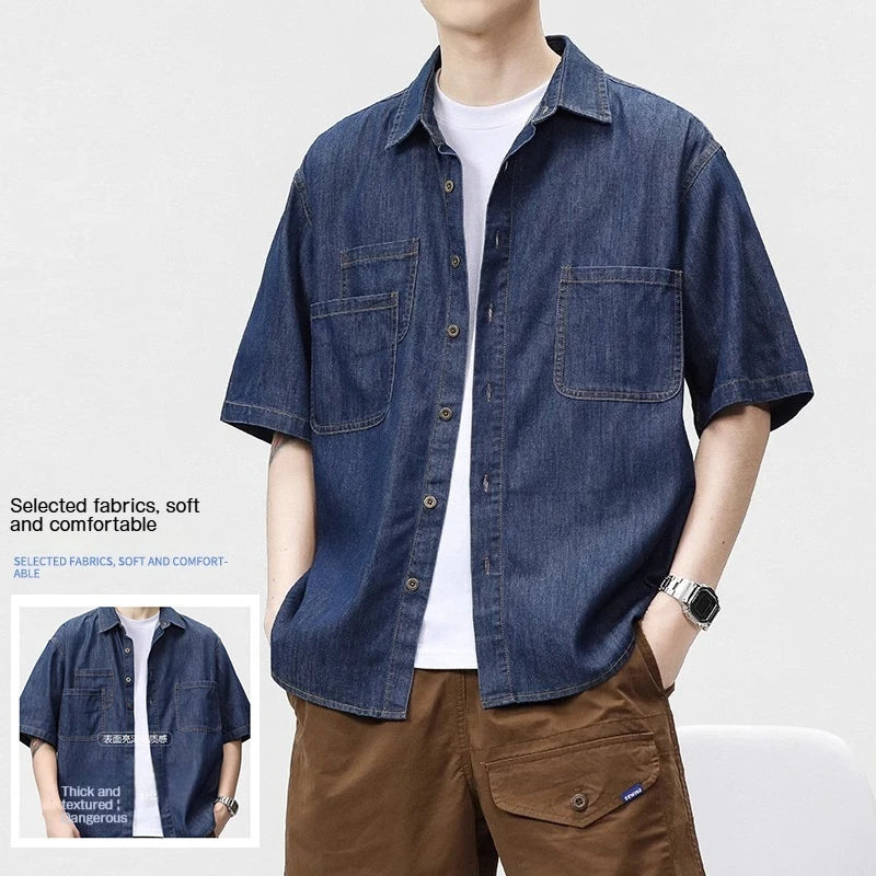 Designer Pocket Denim Shirt Men's Short Sleeve Summer Casual Shirt Jacket Oversized