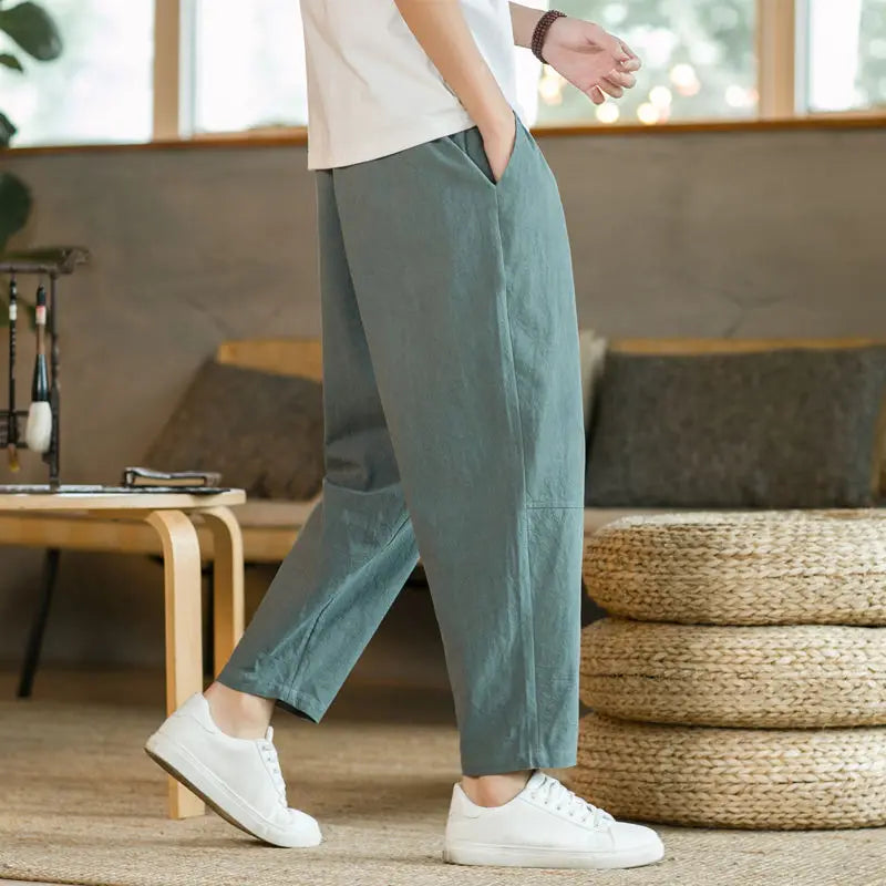 Casual Men's Spring Loose Thin Breathable Cotton Linen Straight Leg