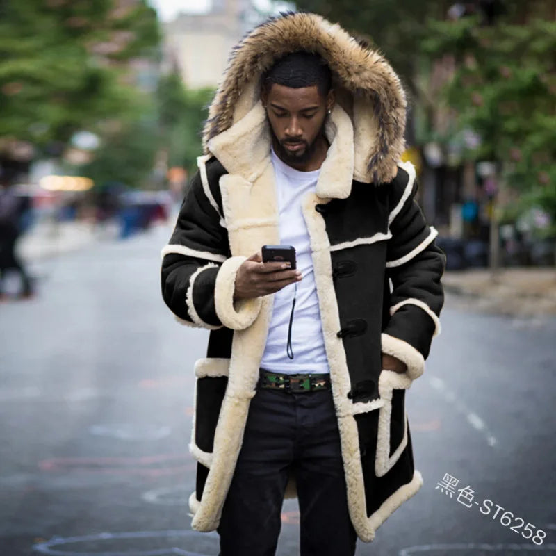 Overcoat Men Winter New Loose Long Cotton-padded Jacket Brown Fur Integrated Lamb Wool Hooded Coats Male