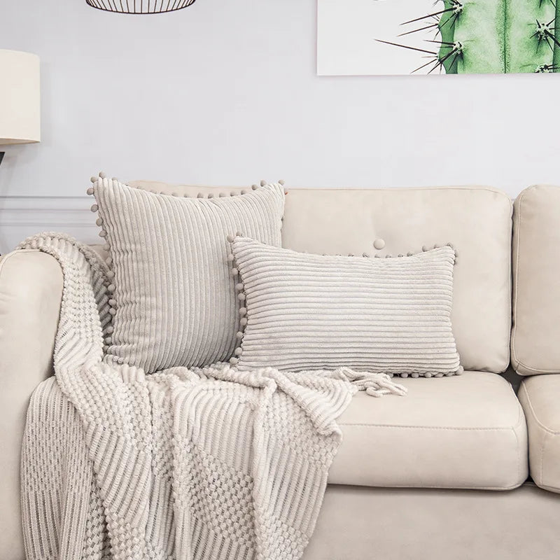 Corduroy Striped Cushion Cover with Pom Pom Solid Boho Throw Pillow Case Decorative Pillows for Sofa Bed Beige Lumbar Cushion