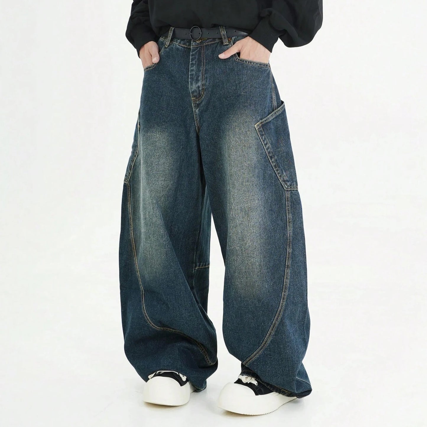 Men's Wear American Washed Denim Pants Vintage Threedimensional Large Pockets Cut Curved Knife Jeans Loose Fit Summer New Trend